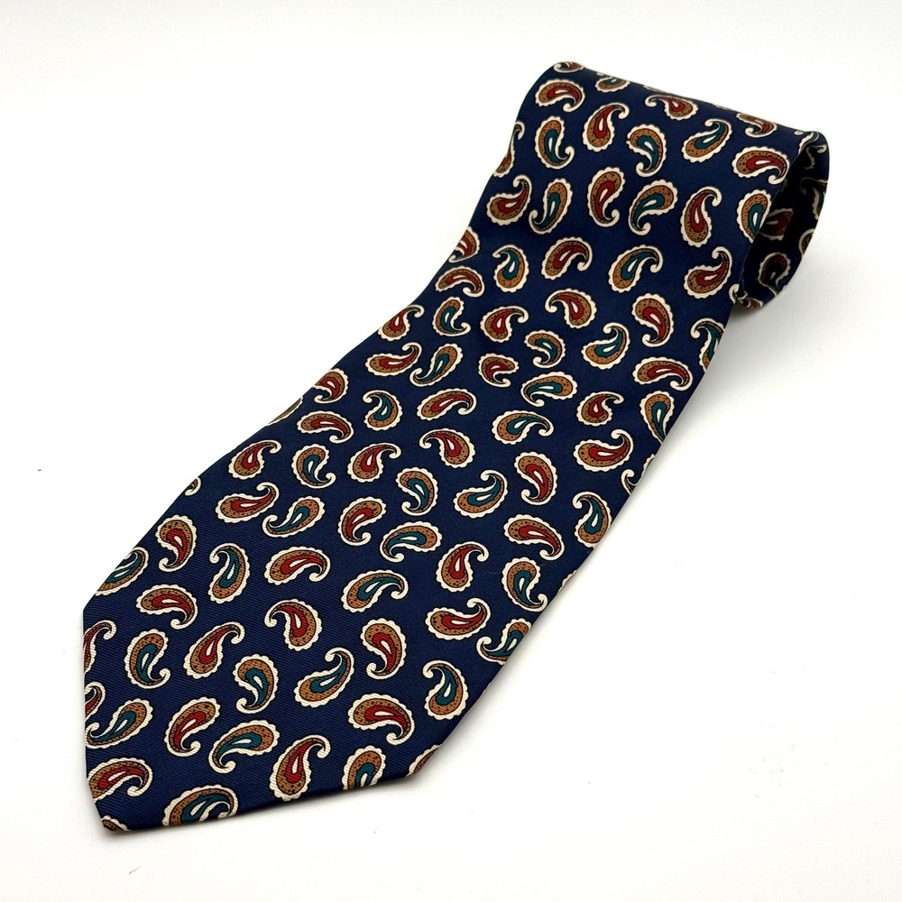 Rooster Mens Silk Tie Navy Blue Paisley Pattern Made in USA 3.75 Inch Width